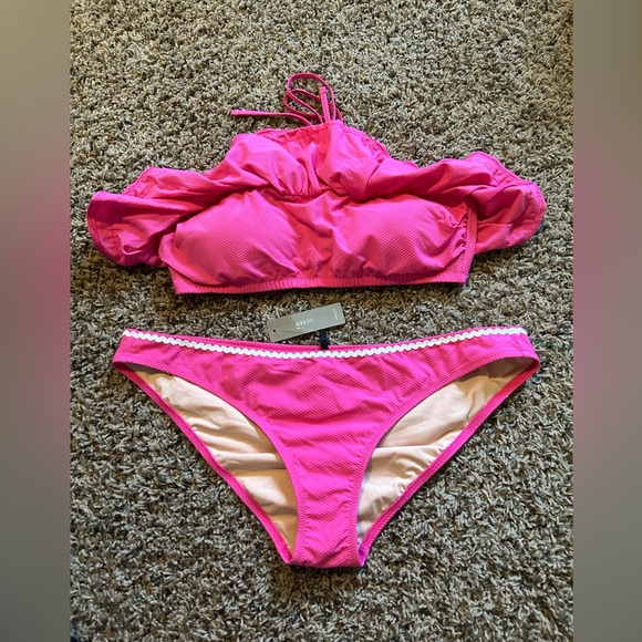 J Crew Pink Ruffle Rickrack Halter Strapless Low Waist Bikini NWT vacation swim - Picture 4 of 7